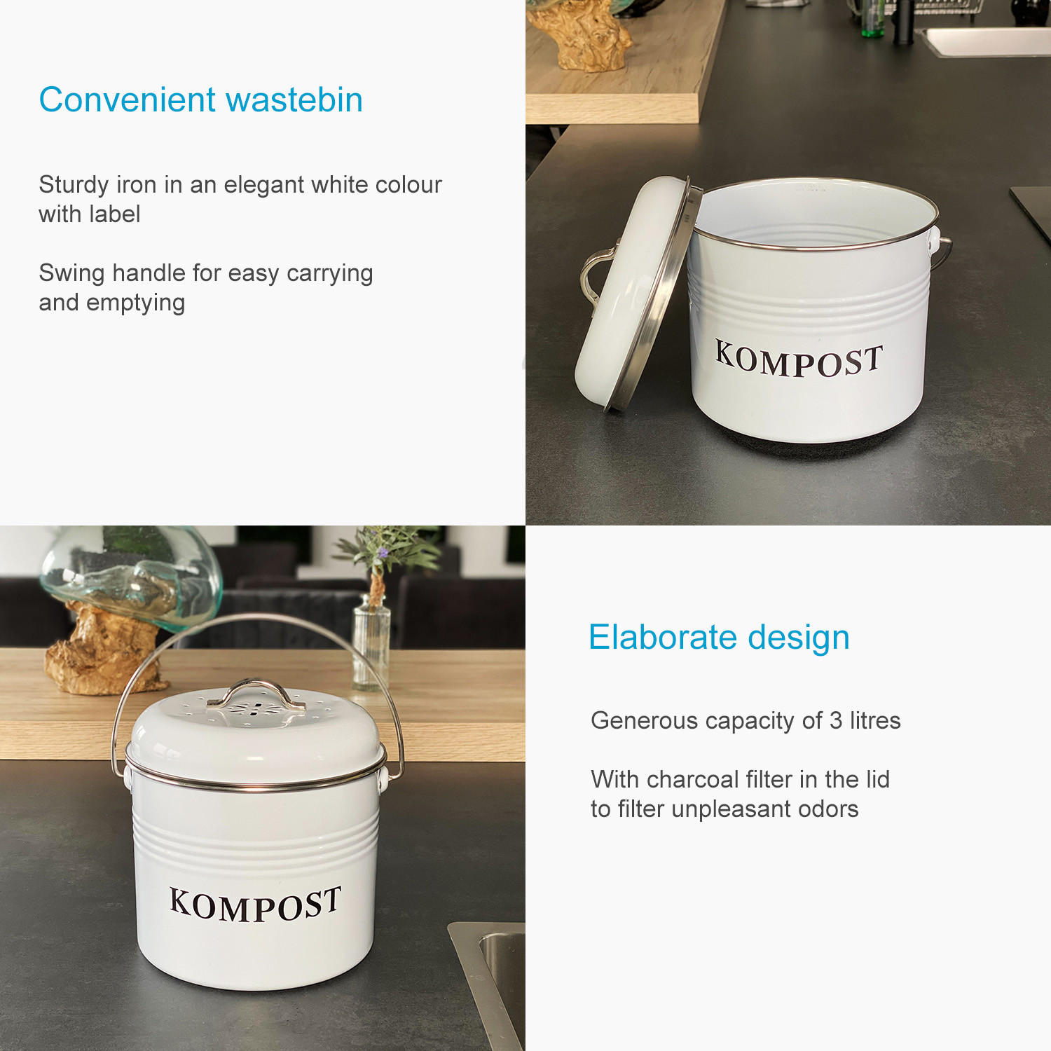 MÜLLEIMER Eisen inkl. 2 Kohlefilter 21.5 / 19 / 20.5 cm - Weiß, Metall (19/20.5/21.5cm) - Intirilife