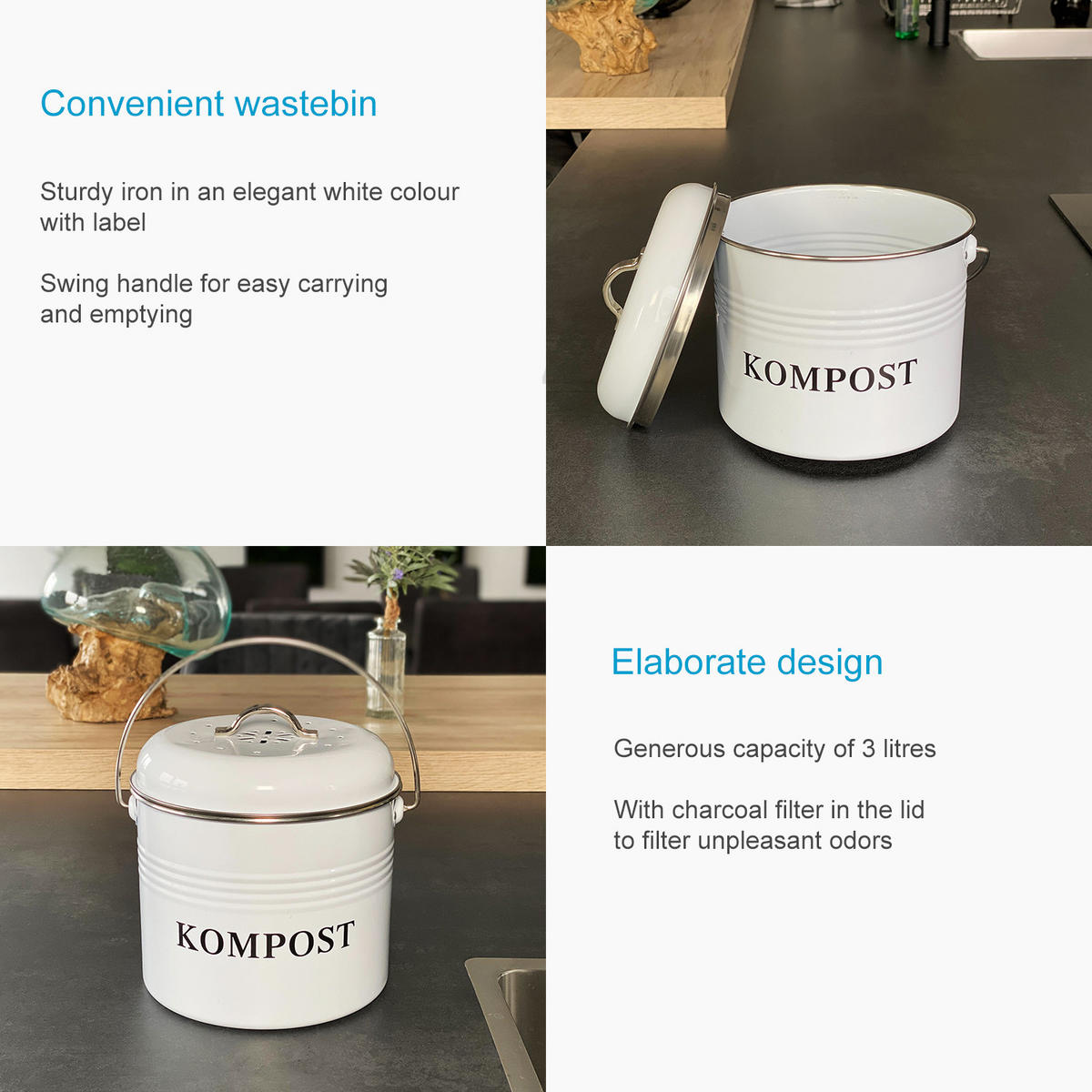 MÜLLEIMER Eisen inkl. 2 Kohlefilter 21.5 / 19 / 20.5 cm - Weiß, Metall (19/20.5/21.5cm) - Intirilife