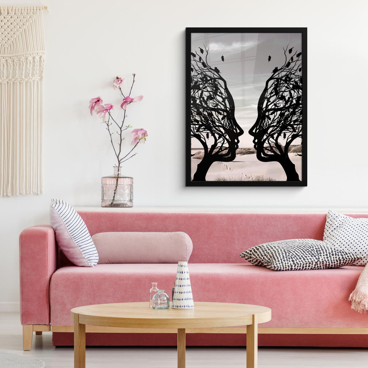 GERAHMTES BILD Strand - Meer - Menschen - Baum - Moderne Kunst 60x80 cm - Hellgrau, Papier (60/80cm) - MuchoWow