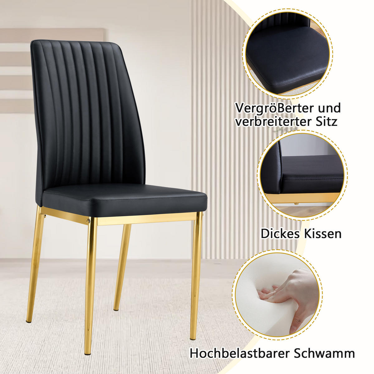 ESSGRUPPE DE-39342 5-teilig, mit Abstellregal und 4 PU-Sesseln Schwarz/Gold - Schwarz, Holzwerkstoff (160/76/90cm) - ComfortXL