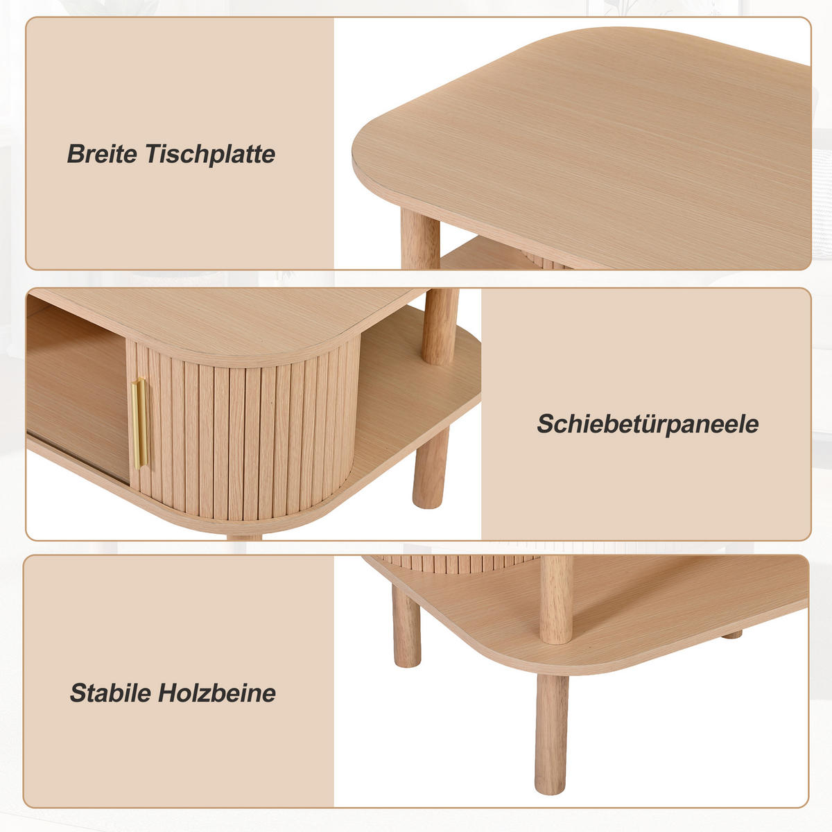 COUCHTISCH in Naturfarben mit Rolltor und offenen Fächern für Wohnzimmer, B110/T55/H45 cm - Naturfarben, Holzwerkstoff (55/110/45cm) - STILVORA