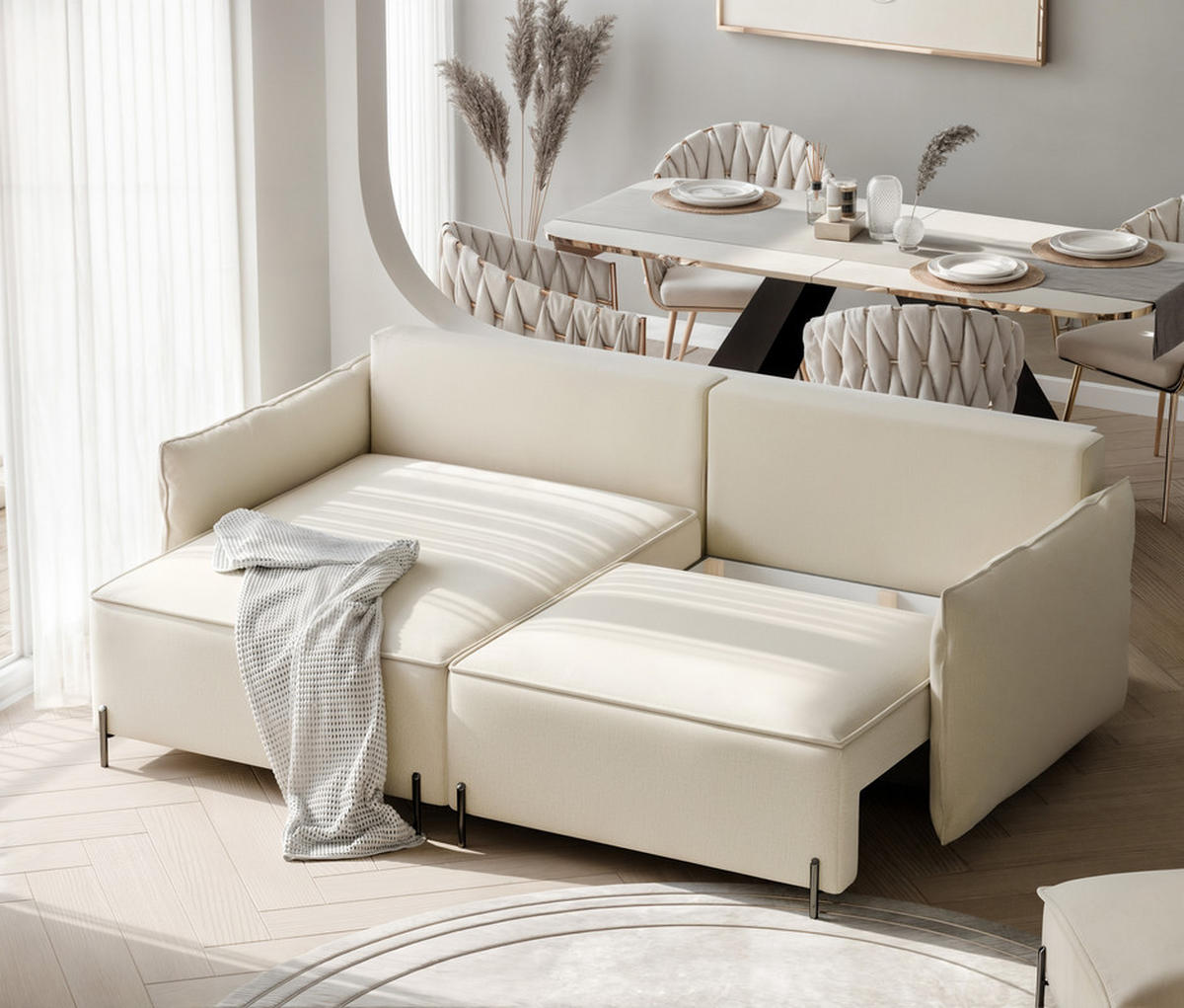 ECKSOFA MARCO Links, mit Schlaffunktion und Bettkasten, Creme - Creme, Textil/Metall (221/148cm) - Idohome