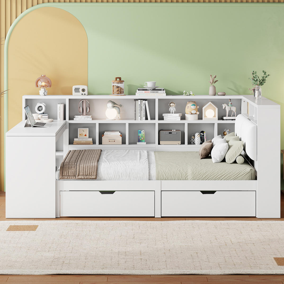 BETT 140/200 cm in Weiß mit Schubladen, LED und Schreibtisch - Weiß, Holzwerkstoff/Textil (140/200cm) - WISHDOR