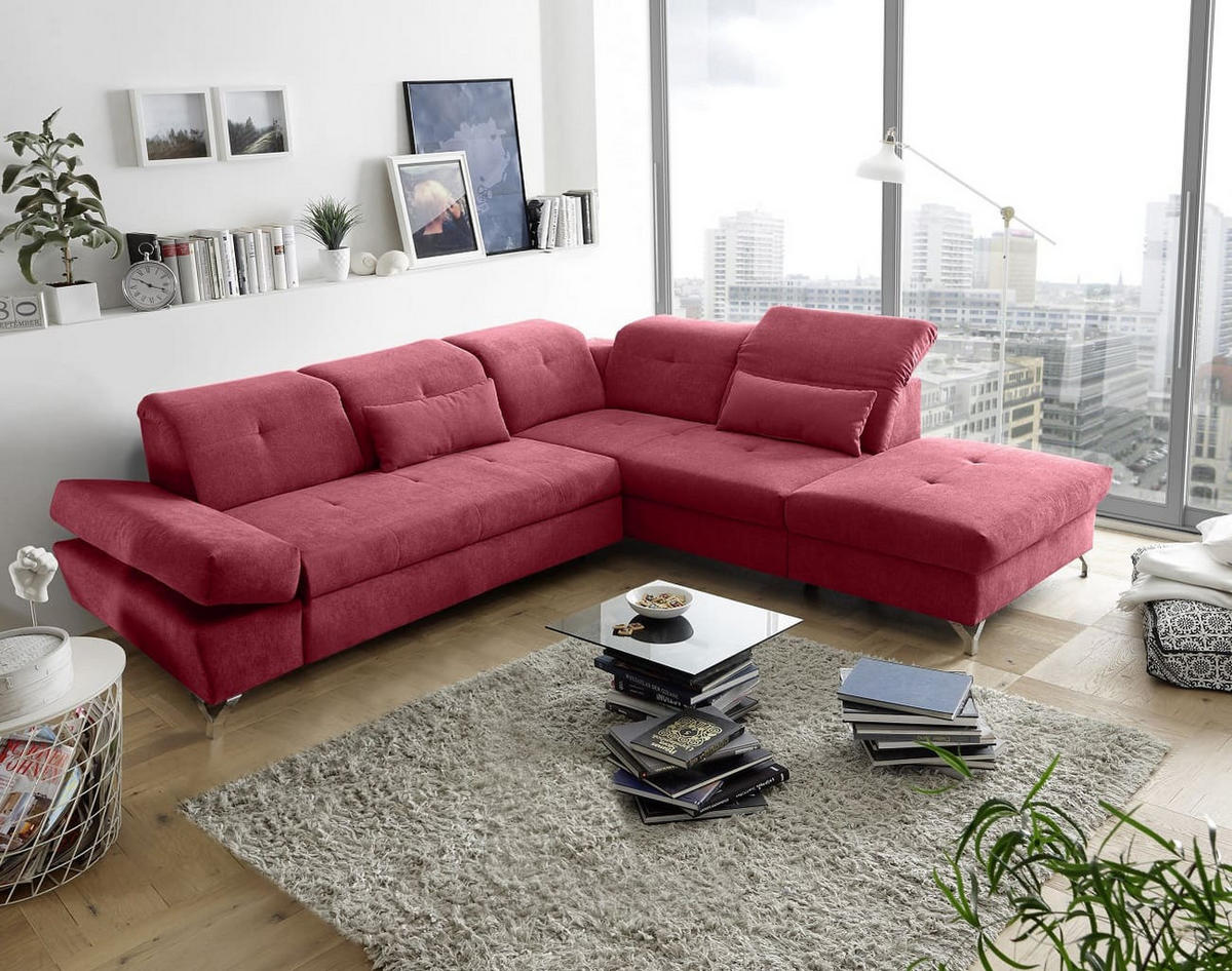 ECKSOFA mit Schlaffunktion und verstellbaren Kopflehnen - Chromfarben/Rot, Textil/Metall (245/275cm) - ed exciting design