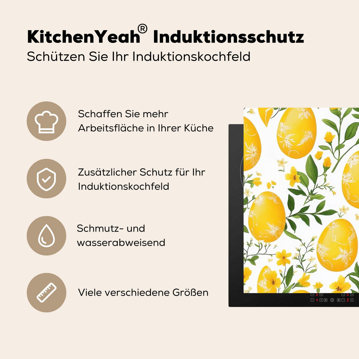 HERDABDECKPLATTE Blumen - Ostereier - Gelb Induktionsmatte 77x59 cm - Gelb, Kunststoff (77/59/0.2cm) - MuchoWow