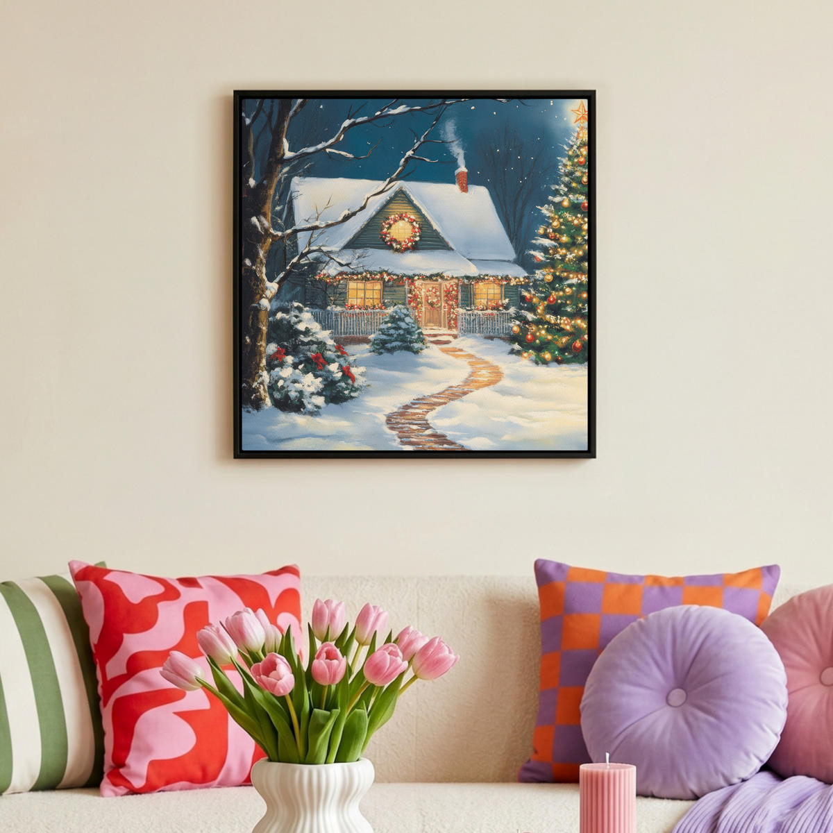 LEINWAND Bilder mit Rahmen - Weihnachten - Weihnachtsbaum - Winter - Zuhause - Schnee - 50x50 - Smaragdgrün, Textil (50/50cm) - MuchoWow