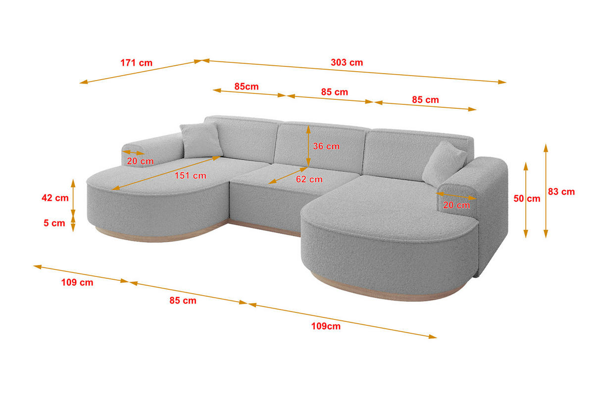 WOHNLANDSCHAFT MARI-U1-v1 - 303x171x83 cm Hellgrau Bouclé - Hellgrau, Holzwerkstoff/Textil (303/83/171cm) - ALTDECOR