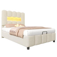 POLSTERBETT 90x200cm Beige Samt LED-Licht Hydraulik Kopfteil - Beige, Holz (90/200cm) - FLIEKS