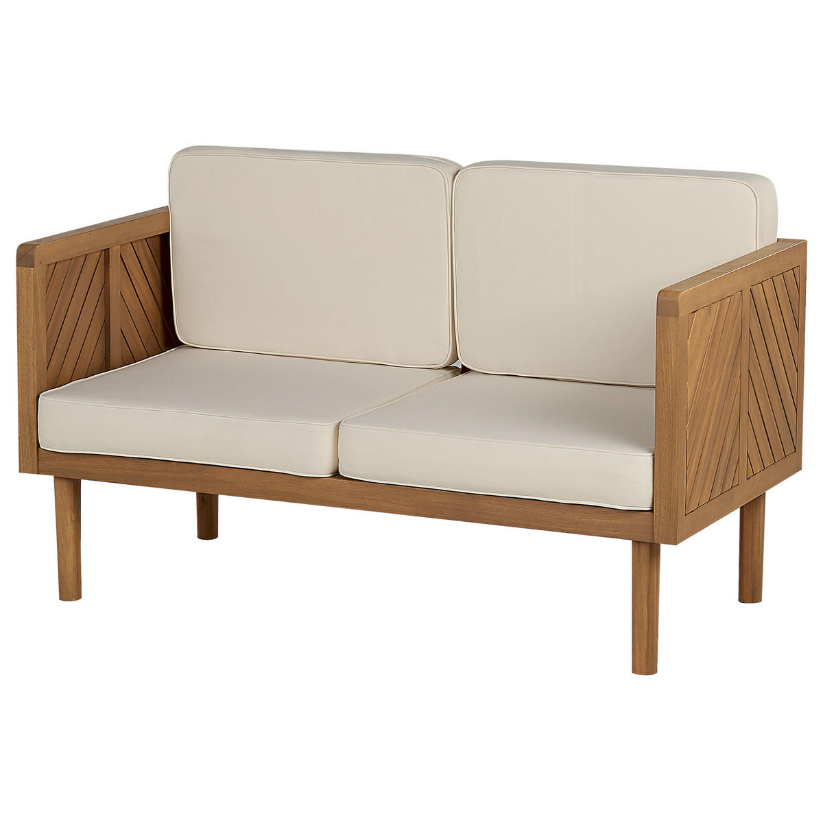 GARTENSOFA 2-Sitzer Akazienholz hellbraun Auflagen creme Baratti - Hellbraun/Weiß, Holz (122/76/65cm) - Beliani