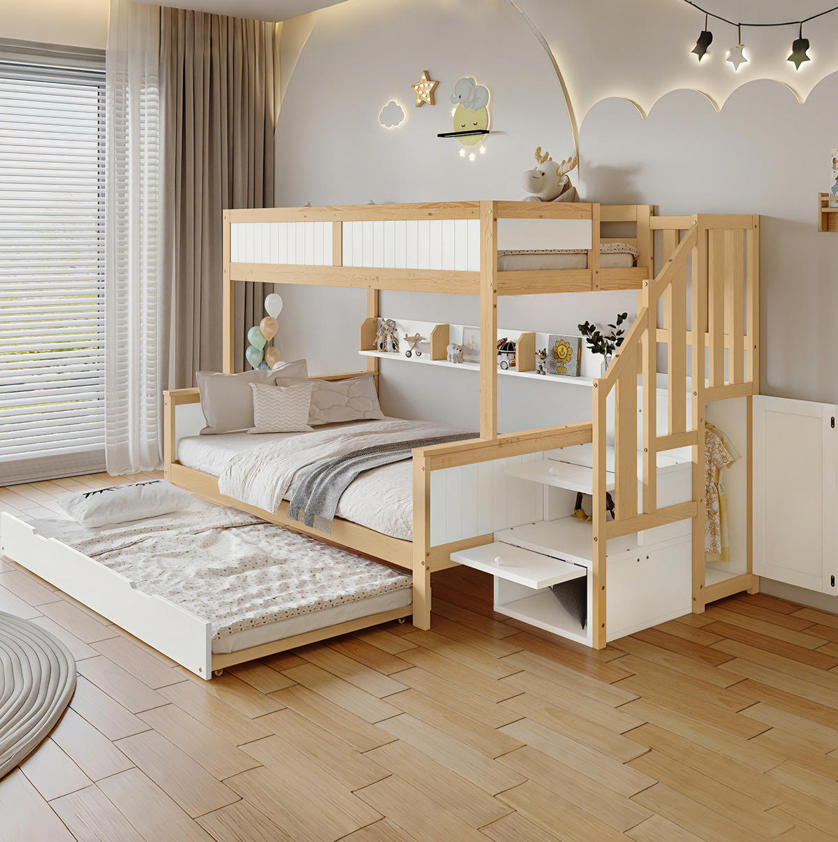 ETAGENBETT 90/200 & 120/200 cm Weiß Natur mit Rollbett und Stauraumtreppe aus Kiefer+MDF - Weiß, Holzwerkstoff (90/200cm) - OKWISH