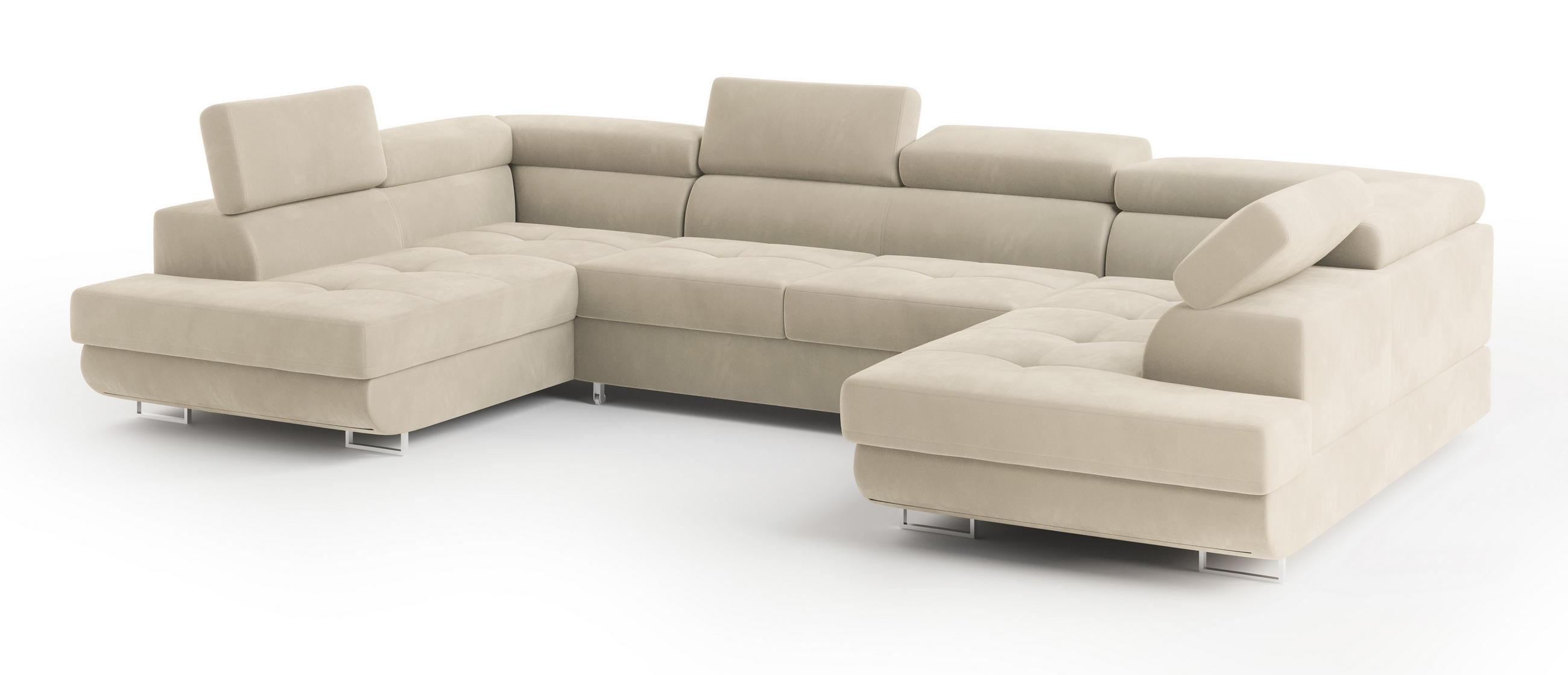 WOHNLANDSCHAFT RAGGIO Creme Velours-Stoff mit Schlaffunktion - Creme, Holz (336/90/202cm) - MASSENO