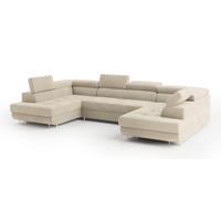 WOHNLANDSCHAFT RAGGIO Creme Velours-Stoff mit Schlaffunktion - Creme, Holz (336/90/202cm) - MASSENO