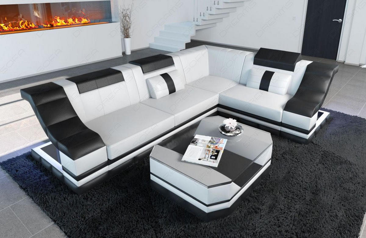 COUCH Bianchi Weiß Schwarz Echtleder - Weiß, Leder (271/196cm)
