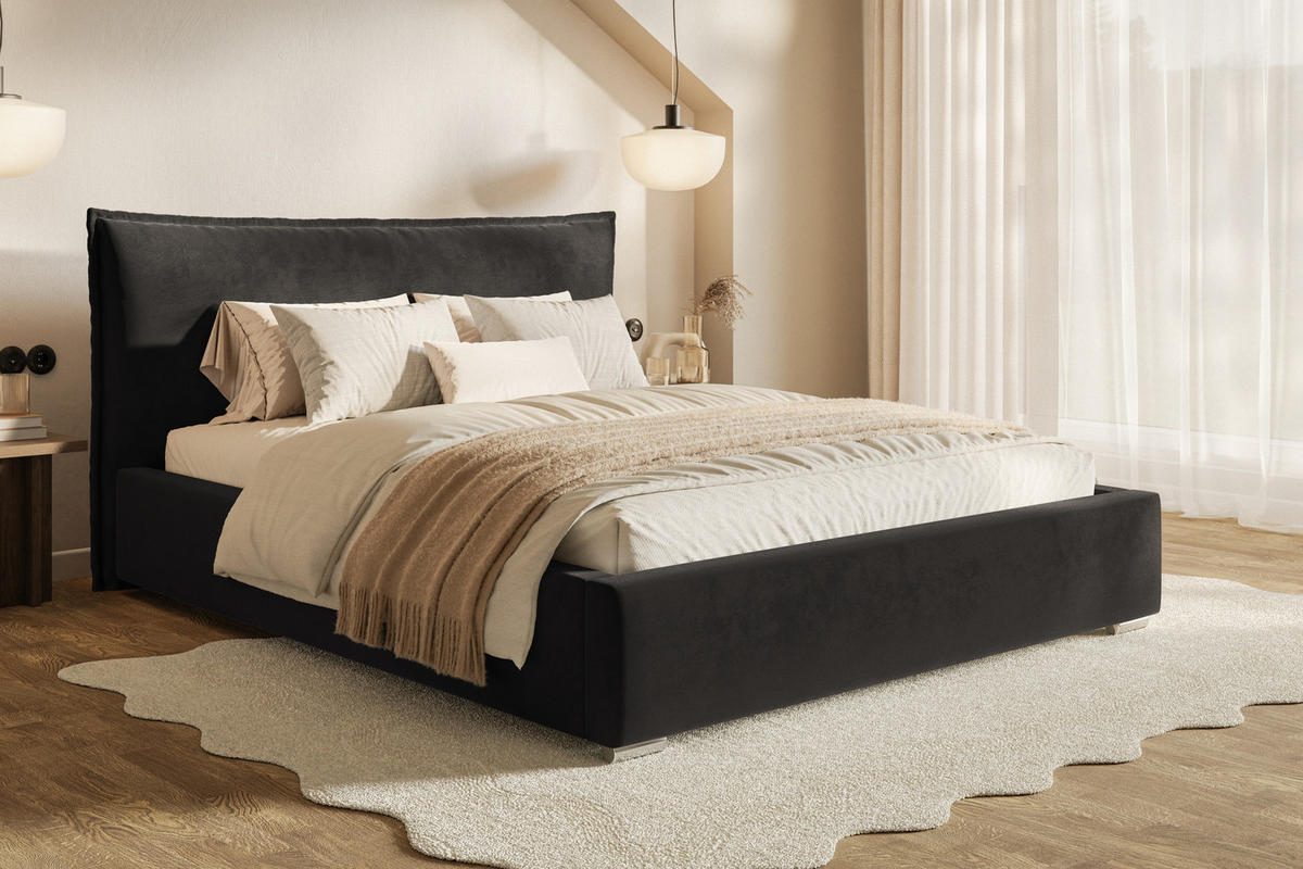 POLSTERBETT 140x200 Zenito mit Kissen-Kopfteil, Bettkasten, Schwarz - Schwarz, Holz/Textil (140/200cm) - Emporius