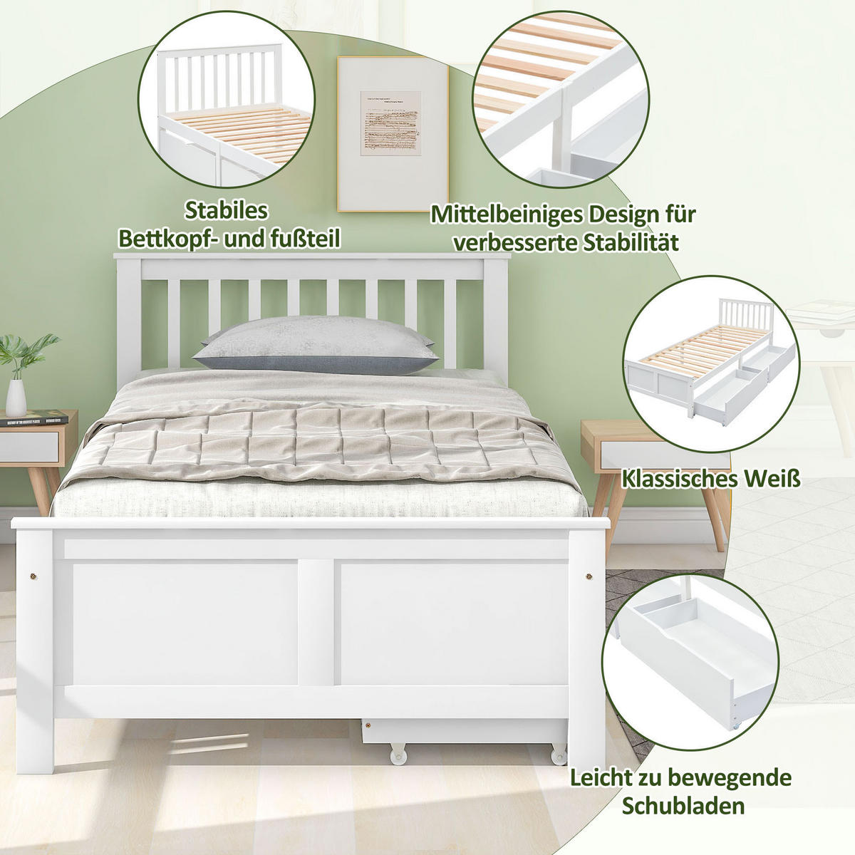 JUGENDBETT 90/200 cm in Weiß mit 2 Schubladen Kiefer Massivholz - Weiß, Holz/Holzwerkstoff (90/200cm) - CHICFURN