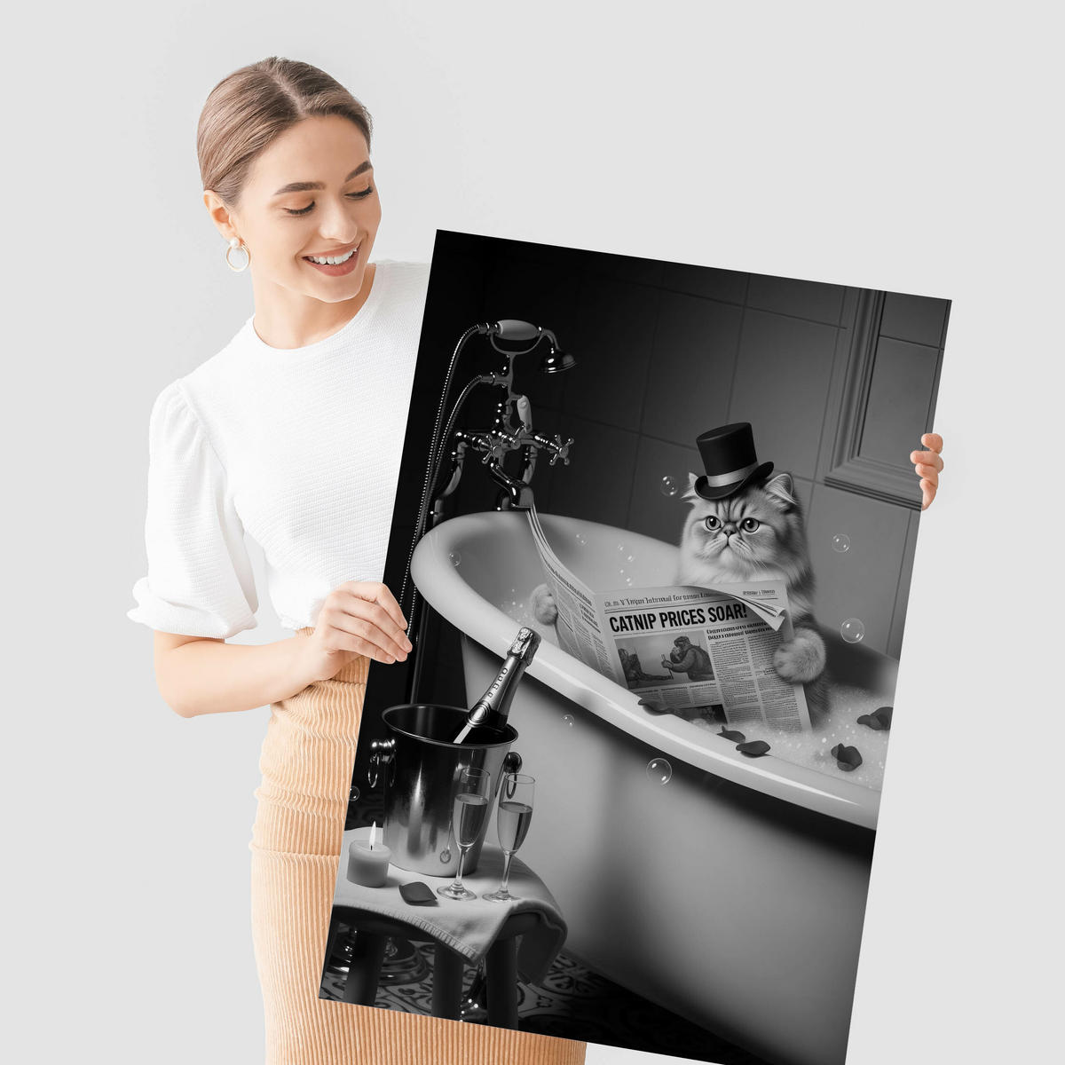 POSTER für Badezimmer WC KATZE in Badewanne Zeitung Abstraktion 20x30cm - Schwarz/Weiß, Papier (20/30/1cm) - Muralo