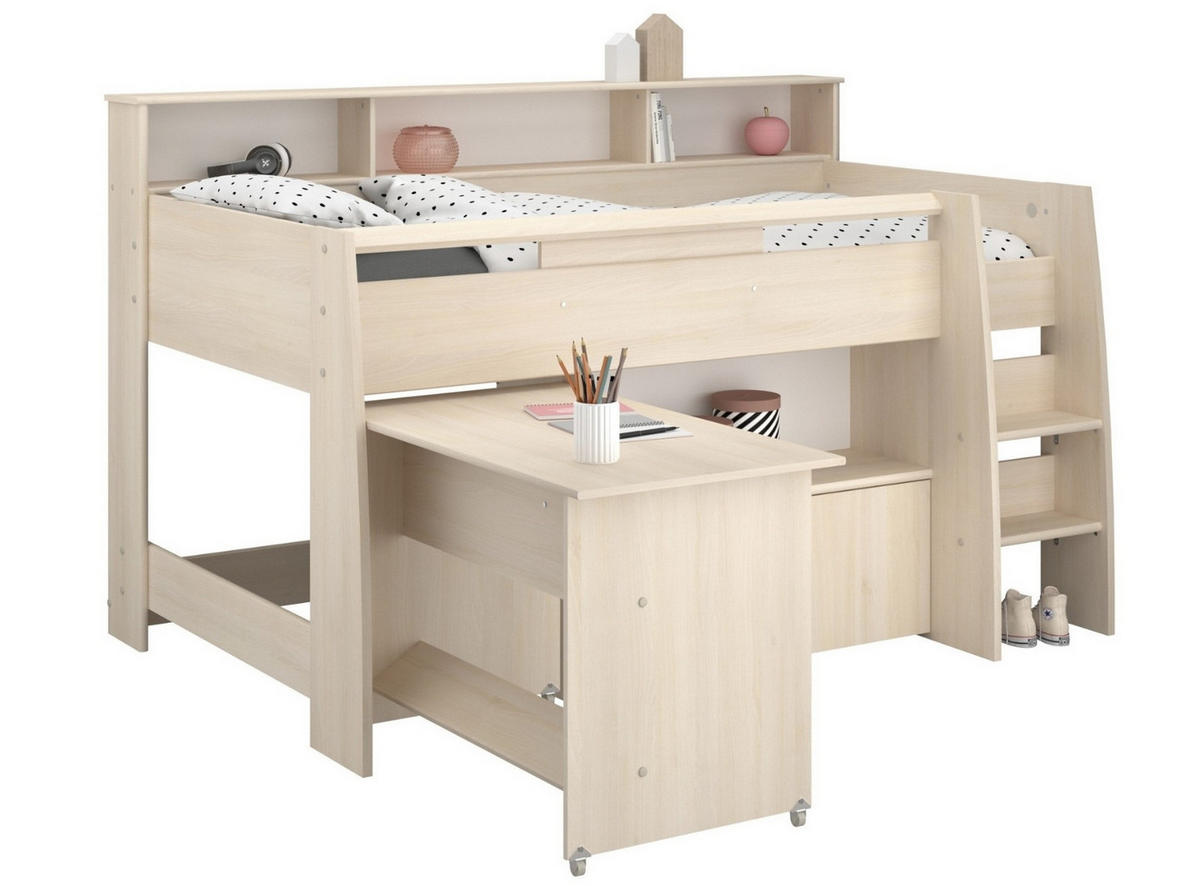 HOCHBETT Jugendzimmer mit Schreibtisch ausziehbar Bett 90 x 200 - Silberfarben/Weiß, Holz/Kunststoff (90/200cm) - Parisot Meuble