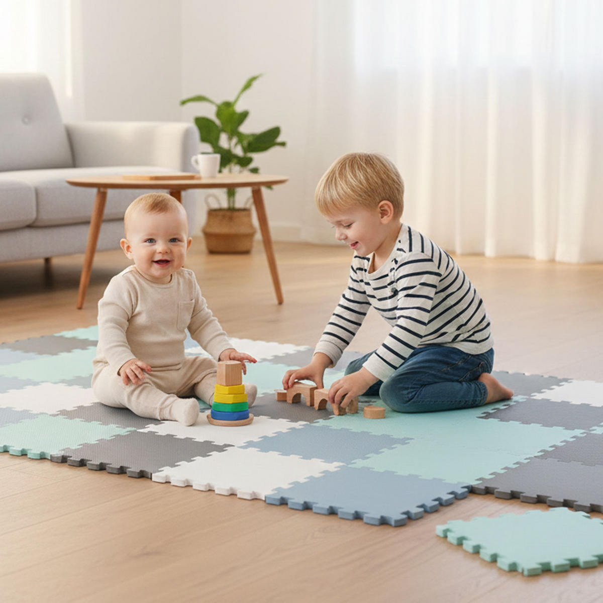 SPIELMATTE ab Null - 270/90/1 cm Puzzlematte Mint + Grau/Weiß/Graublau - Multicolor, Kunststoff (30/30cm) - Littletom