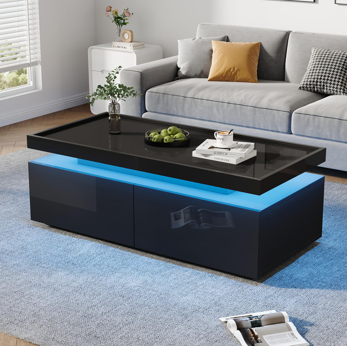 COUCHTISCH 95/45/35 cm mit LED-Beleuchtung, 2 Schubladen und halboffener Ablage, Hochglanz-Spanplatte, Schwarz - Schwarz, Holzwerkstoff (95/45/35cm) - Redom