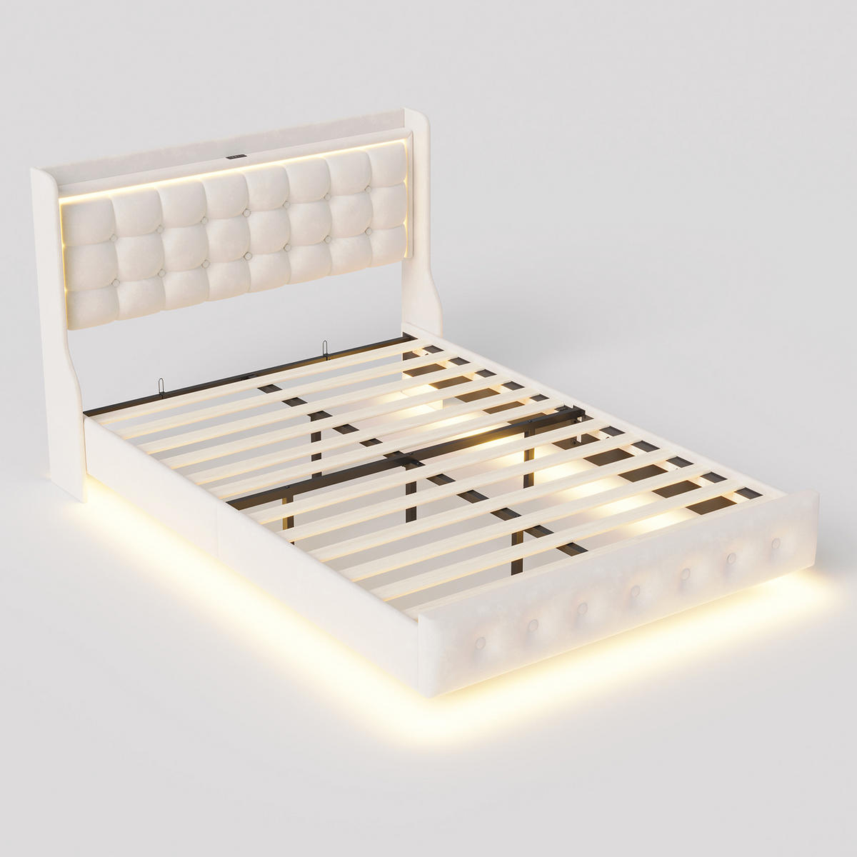 POLSTERBETT 140x200 cm mit LED und USB, Doppelbett mit Lattenrost und Kopfteil, Samtbezug, Weiße - Weiß, Holzwerkstoff/Textil (140/200cm) - GENKI LIVING