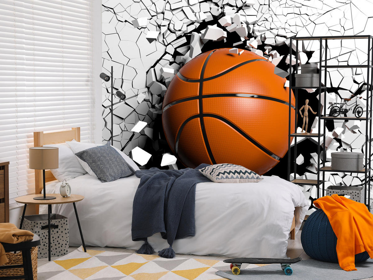 FOTOTAPETE für Jugendzimmer Basketball Wandbruch Sport 200x140 - Schwarz/Orange, Papier (200/140cm) - Muralo
