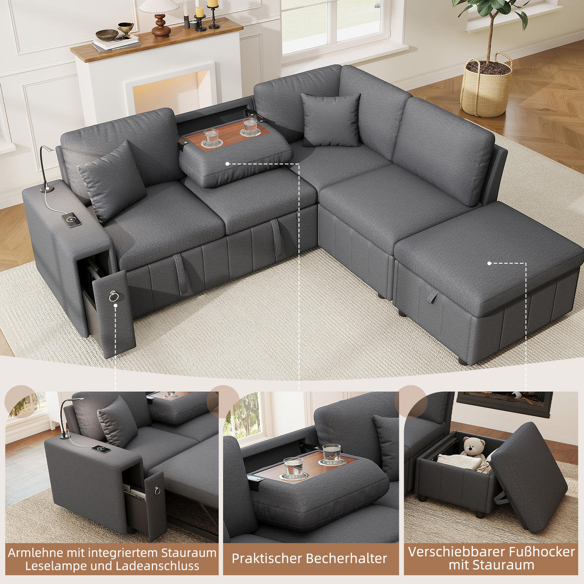 SCHLAFSOFA Grau L-Form USB Stauraum Tisch Leselicht Kissen - Grau, Textil (184/213cm) - FLIEKS