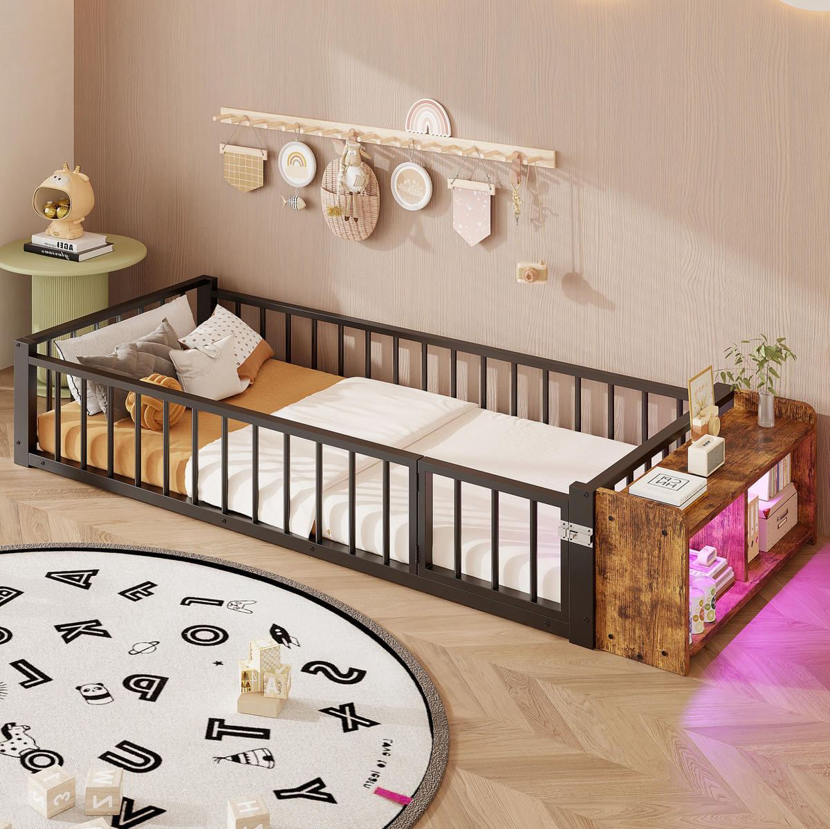 KINDERBETT 90/200 cm aus Metall mit Schutzgeländer, Stauraum und LED - Schwarz, Holzwerkstoff (90/200cm) - BEAOK