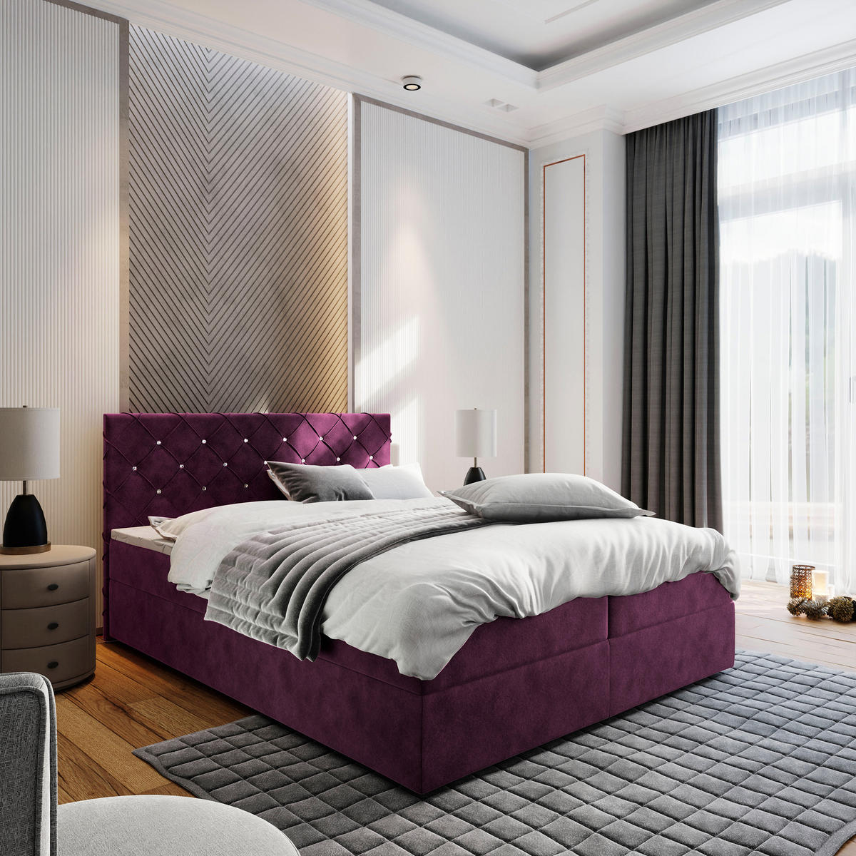 POSTEL BOXSPRING RIVA 160x200 cm, s matrací a úložným prostorem, Burgundowy - bordeaux, kompozitní dřevo/textil (160/200cm) - MASSENO