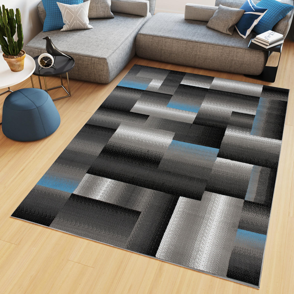 TEPPICH MAYA Blau Vierecke Streifen Verwischt 160/230 cm - Blau, Textil (160/230cm) - Tapiso