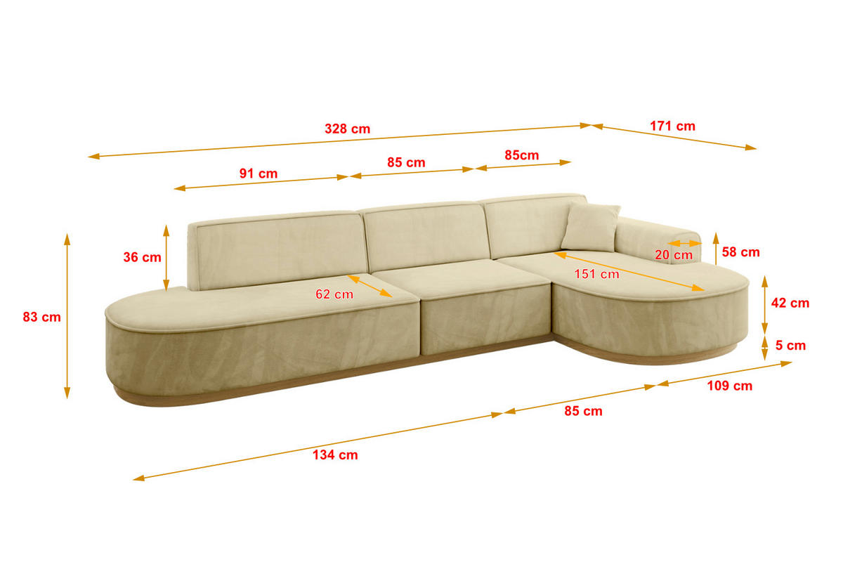 ECKSOFA Ottomane Rechts MARI-L2-v2 - 328x171x83 cm Beige Velours - Beige, Holzwerkstoff/Textil (171/328cm) - ALTDECOR