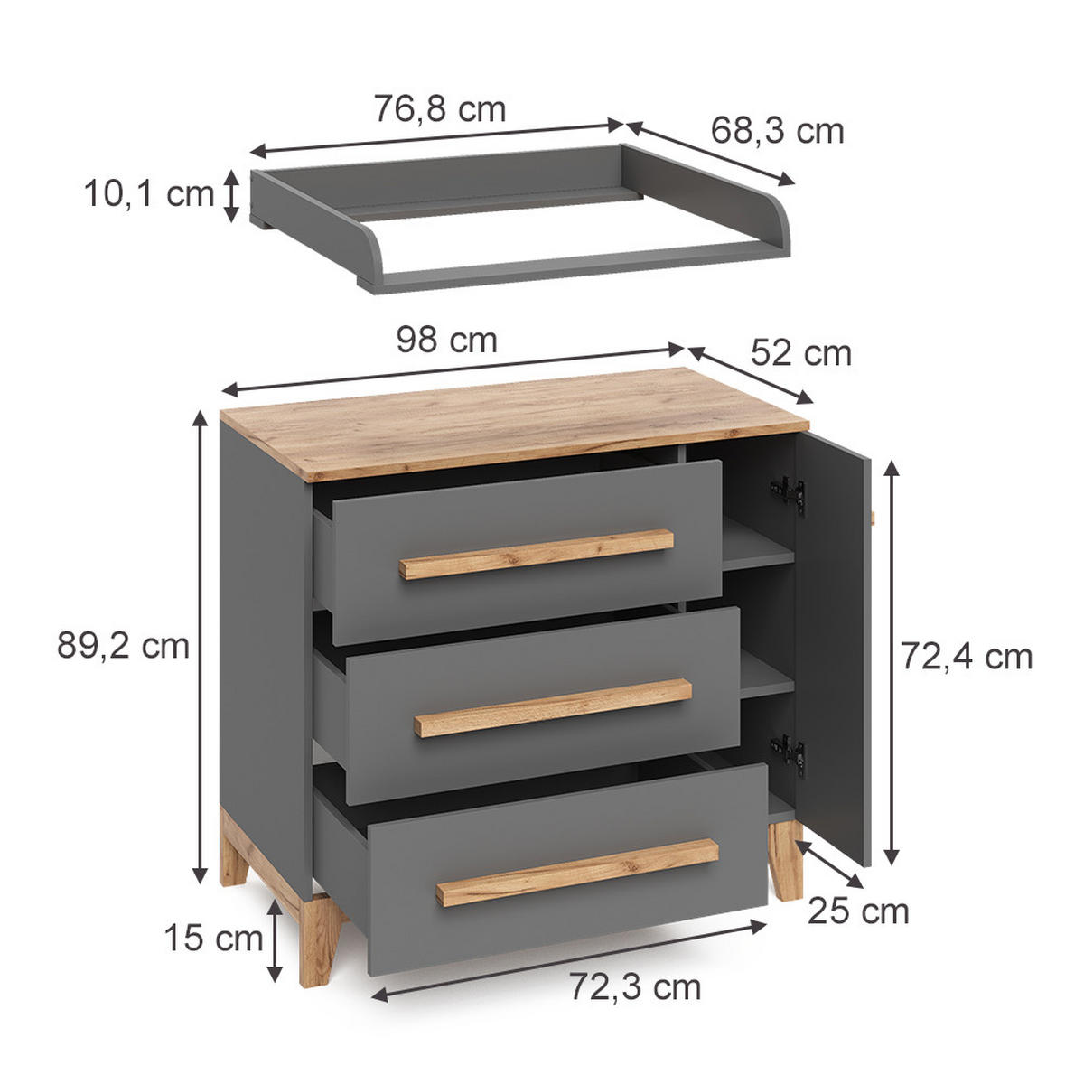 WICKELKOMMODE Malia Grau 98 x 98 cm mit 1 Tür & 3 Schubladen - Hellgrau/Grau, Holzwerkstoff (98/98/52cm) - VitaliSpa