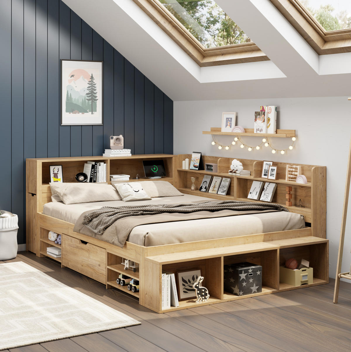 KINDERBETT 140/200 cm aus Sperrholz mit Stauraum, Regalen und kabelloser Ladefunktion Natur - Naturfarben, Holzwerkstoff (140/200cm) - Modenvie