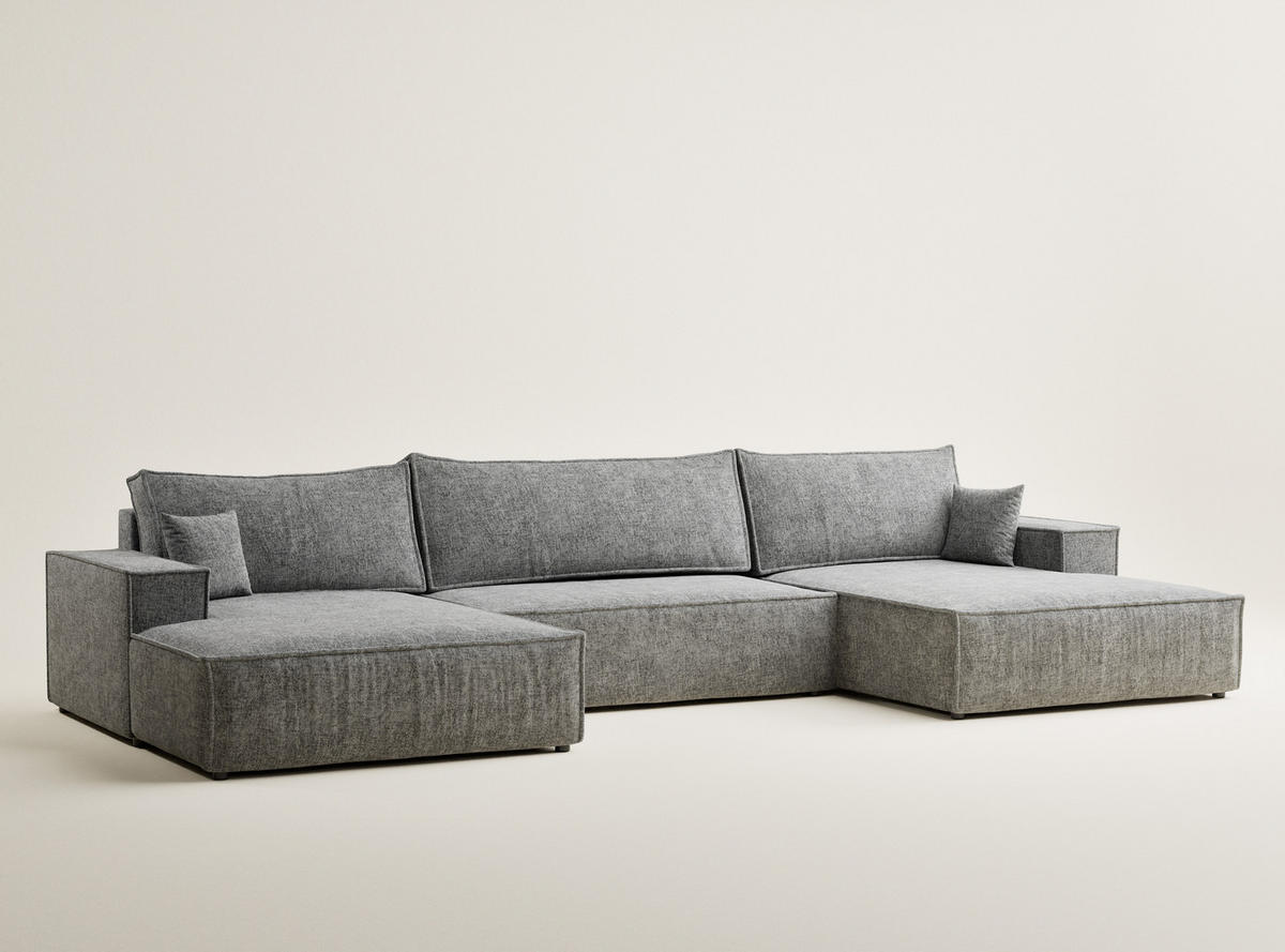 WOHNLANDSCHAFT Kyoto Grau Chenille-Stoff - Schwarz/Grau, Holz/Holzwerkstoff (398/70/148cm) - Maison de Reve