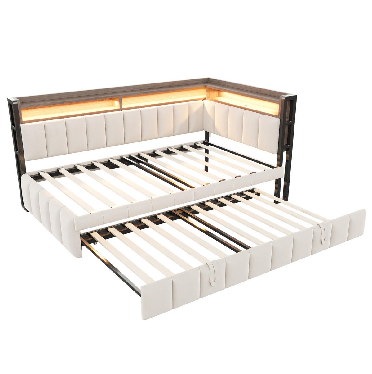 POLSTERBETT Schlafsofa Samt 90x200 cm Beige mit Ausziehbett, LED-Beleuchtung, USB- und Typ-C-Anschlüssen - Beige, Textil (90/200cm) - Modfu