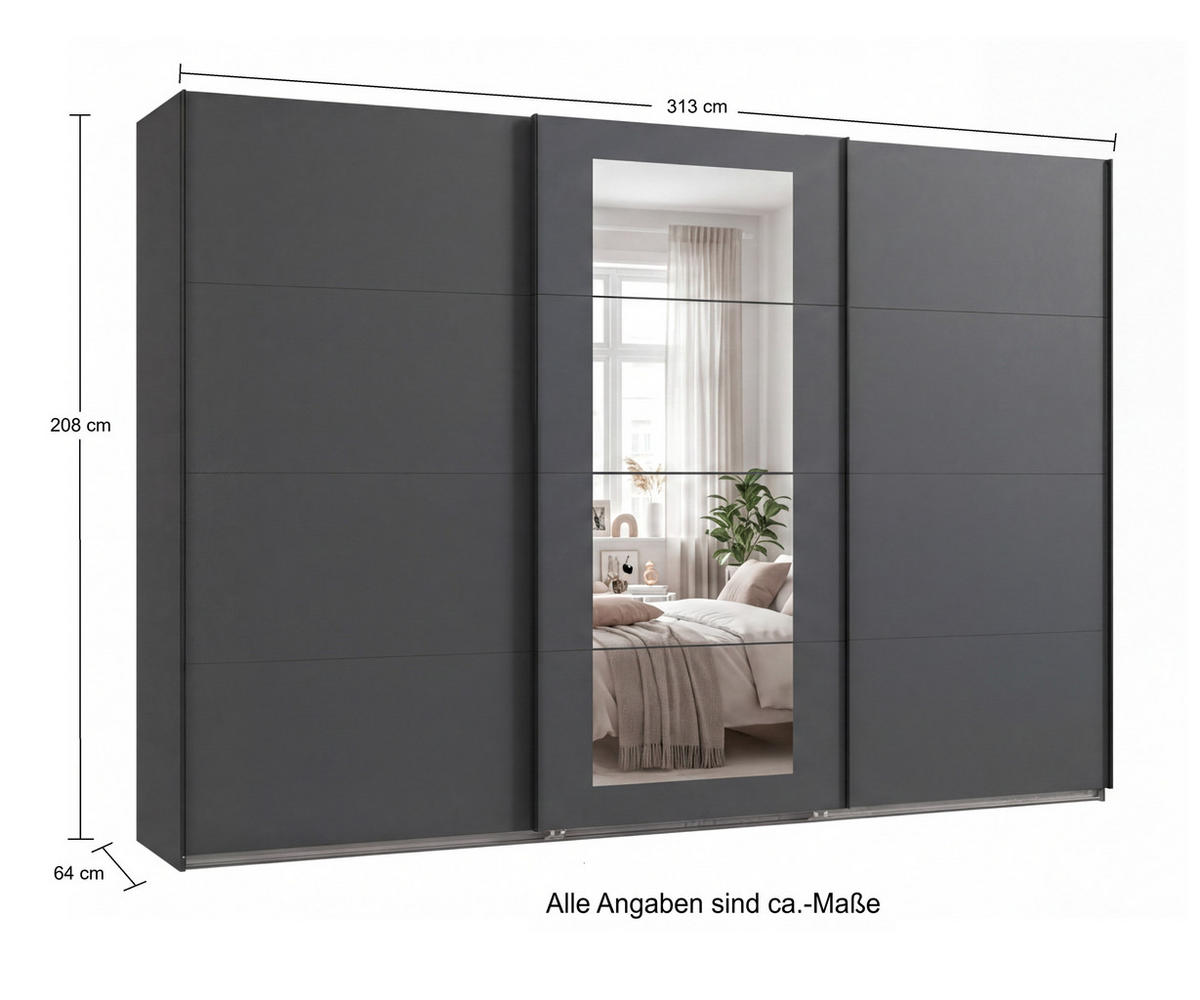 SCHWEBETÜRENSCHRANK 3-türig B313/H208/64 cm Kleiderschrank in Grafit, mittig Spiegel, Griffe Schwarz / 22633 - Schwarz/Graphitfarben, Holzwerkstoff/Metall (313/208/64cm) - luma-home