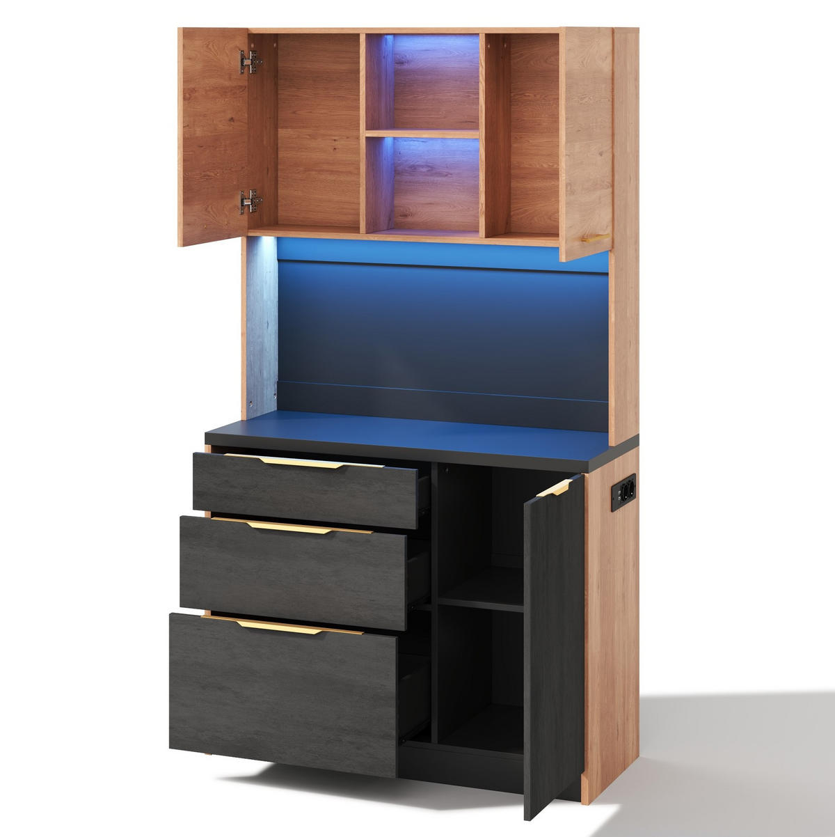 KÜCHENHOCHSCHRANK aus MDF 100x40x180 cm Neutral mit schwarzer Arbeitsplatte, LED-Beleuchtung und Steckdose - Naturfarben, Holzwerkstoff (100/180/40cm) - IVMEU