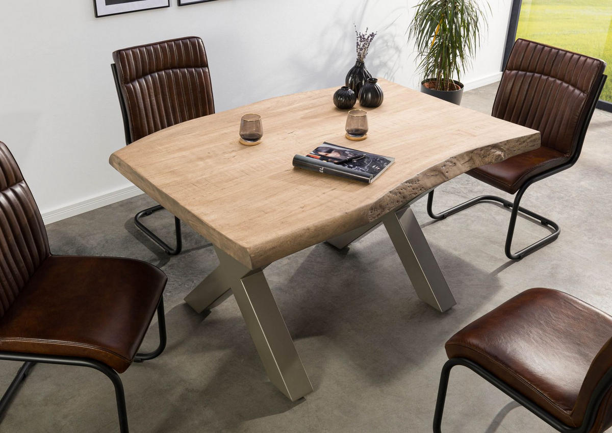 BAUMTISCH Mango 140x90x77 beige lackiert / X-Beine silber matt FREEFORM 5 - Beige, Holz (140/90/77cm) - Massivmoebel24