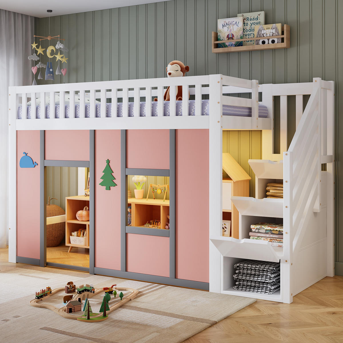 KINDERBETT 90/200 mit Stauraumtreppe,LED und Rausfallschutz in Weiß und Pink - Weiß/Rosa, Holzwerkstoff (90/200cm) - EVRYAE