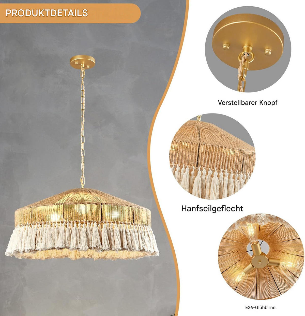 PENDELLEUCHTE Rattan Handgeflochten Bohème Groß - Beige, Naturmaterialien (50/50/22cm) - Authentics