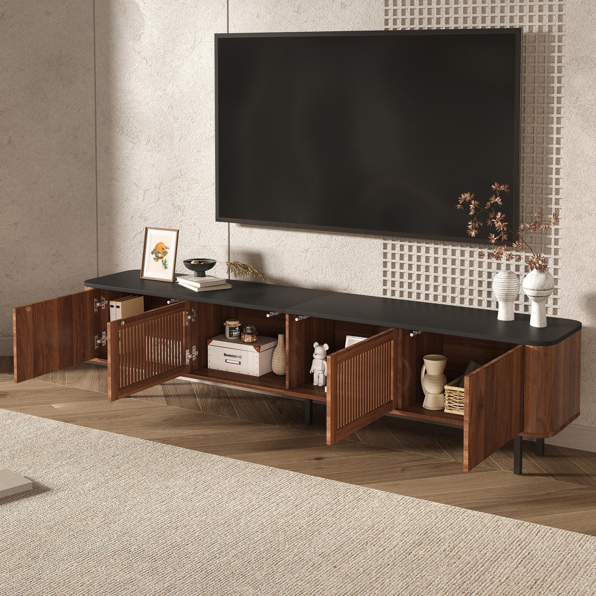 TV-SCHRANK 190cm modern niedrig TV-Ständer Design - Walnussfarben, Holzwerkstoff (35/45/190cm) - FLIEKS