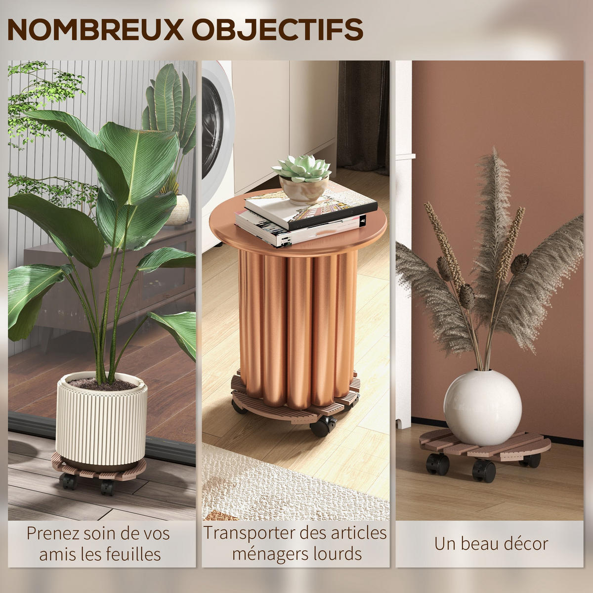 PFLANZENROLLEN-SET DE-12158 4er-Set Ø30 cm, mit Bremsen Natur - Braun, Kunststoff (30/7/30cm) - ComfortXL