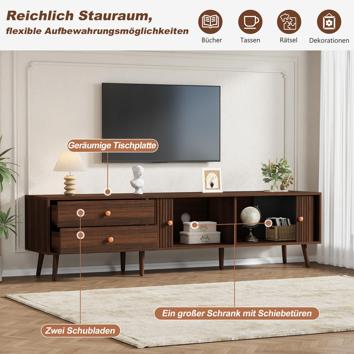 TV-LOWBOARD 180x40x46.5 cm Walnuss 2 Schubladen 2 Türen - Walnussfarben, Holzwerkstoff (40/46.5/180cm) - FLIEKS
