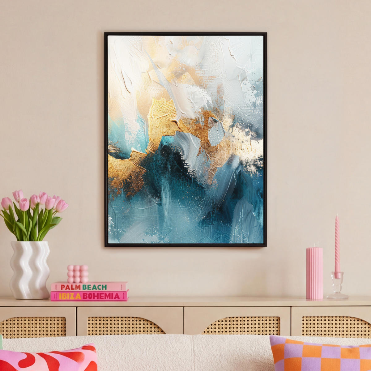 LEINWAND Bilder mit Rahmen - Abstrakt - Kunst - Gold - Blau - 70x100 - Petrol, Textil (70/100cm) - MuchoWow