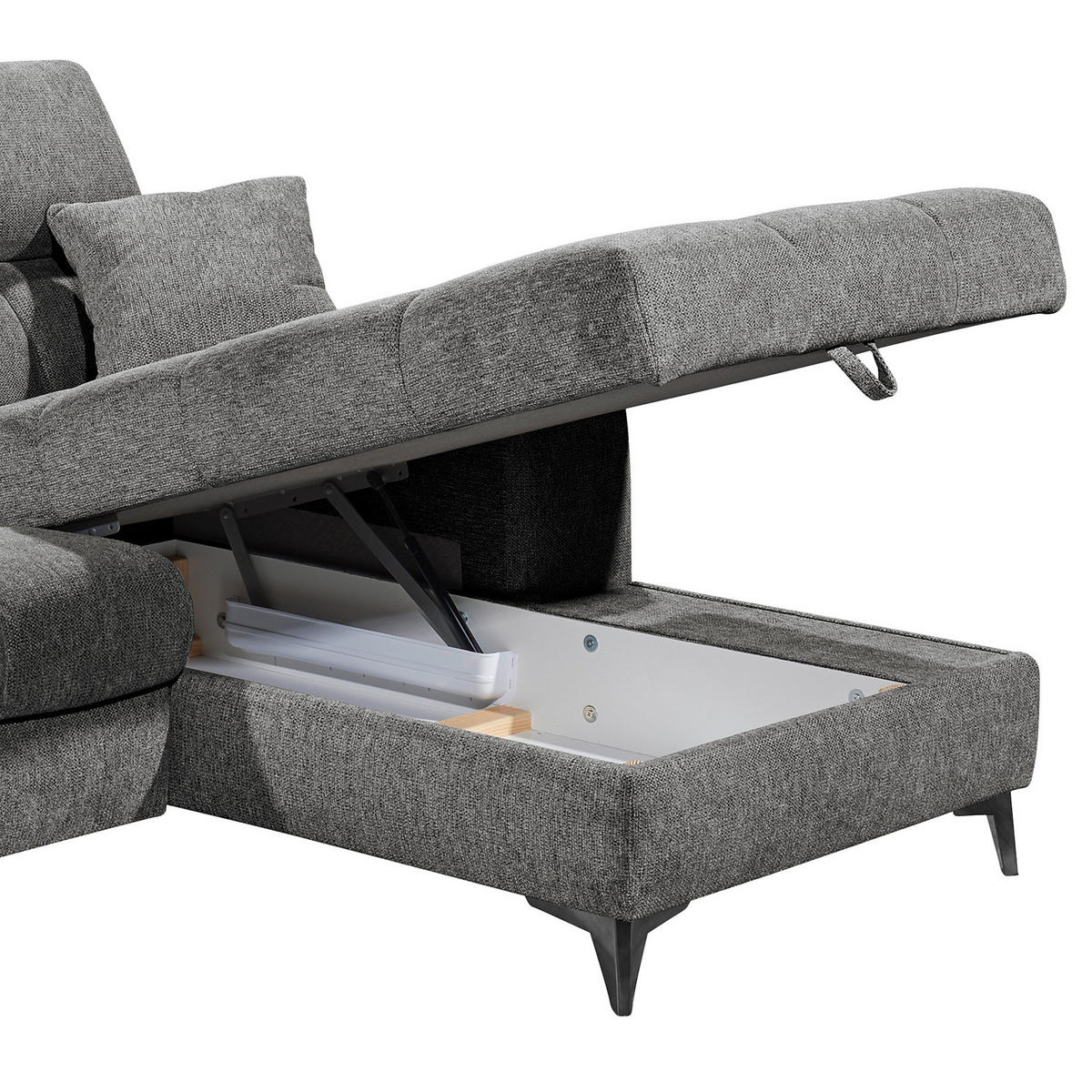 ECKSOFA mit Longchair - Kopfstütze verstellbar, Schlaffunktion, Bettkasten - Anthrazit/Schwarz, Kunststoff/Textil (268/172cm) - home24