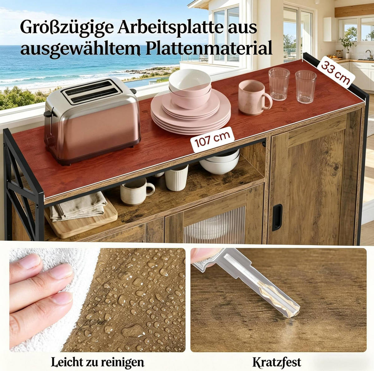 SIDEBOARD 110/33/75 cm in Braun mit offenem Fach und verstellbaren Regalen - Braun, Metall (110/75/33cm) - BEAOK