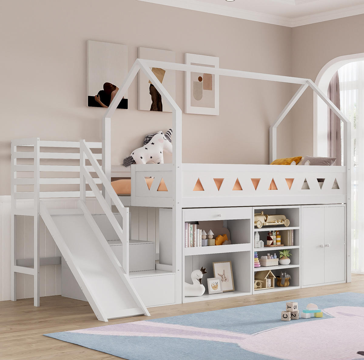 KINDERBETT 90/200 cm mit Rutsche, Treppe, Schubladen und Stauraum, Massivholz, Weiß - Weiß, Holz (90/200cm) - Redom