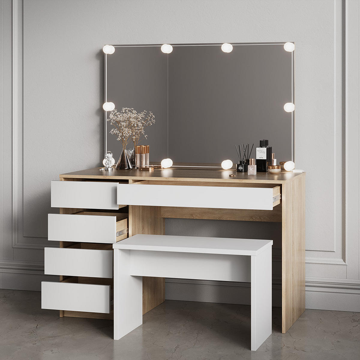 SCHMINKTISCH Imola Weiß/Sonoma 120 cm mit Bank - Weiß/Sonoma Eiche, Holzwerkstoff (120/75/55cm) - Livinity®