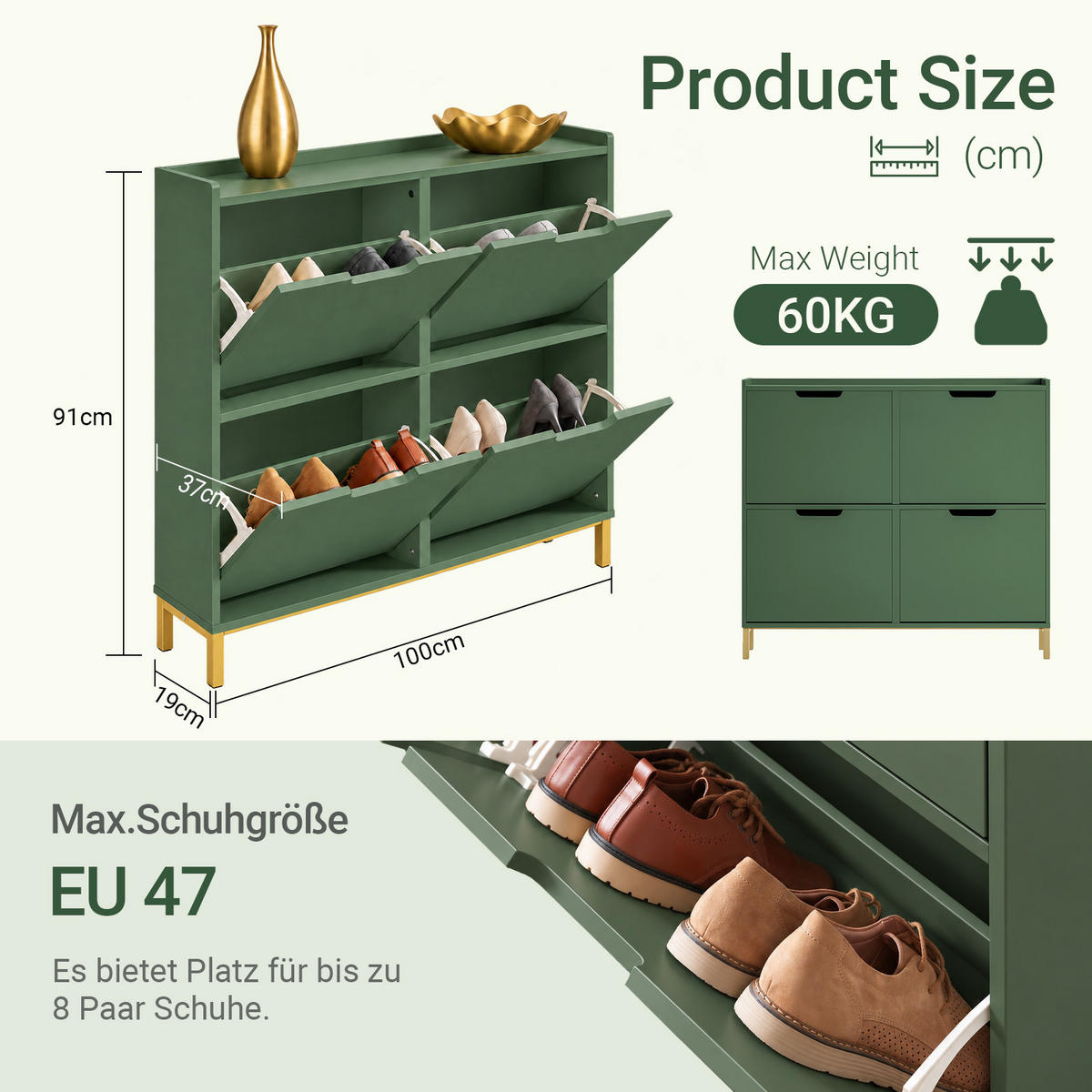 COMODĂ pentru intrare cu 4 sertare și suport pentru pantofi - verde închis, compozit lemnos/metal (100/91/19cm) - SoBuy