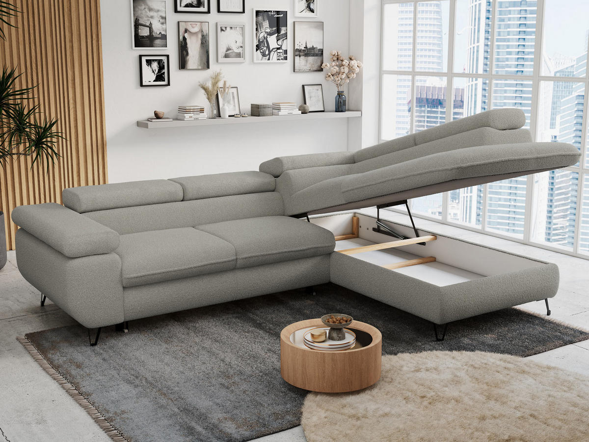 ECKSOFA PETER L Hellgrau Boucle - Rechts Seite - Hellgrau/Schwarz, Textil/Metall (273/208cm) - MKS