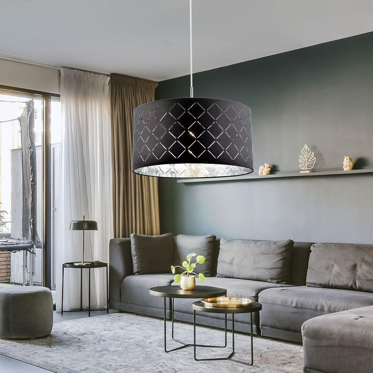 HÄNGELEUCHTE Textil Schwarz Silber - Schwarz, Metall (40/40/140cm)